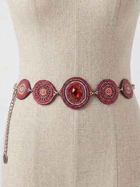Chico's Beaded Medallion Belt Pink Red Crystal Statement Concho Adjustable